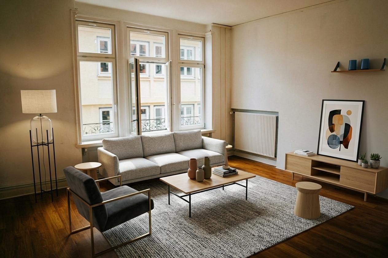 The same room staged with a sofa, armchair, coffee table and media unit