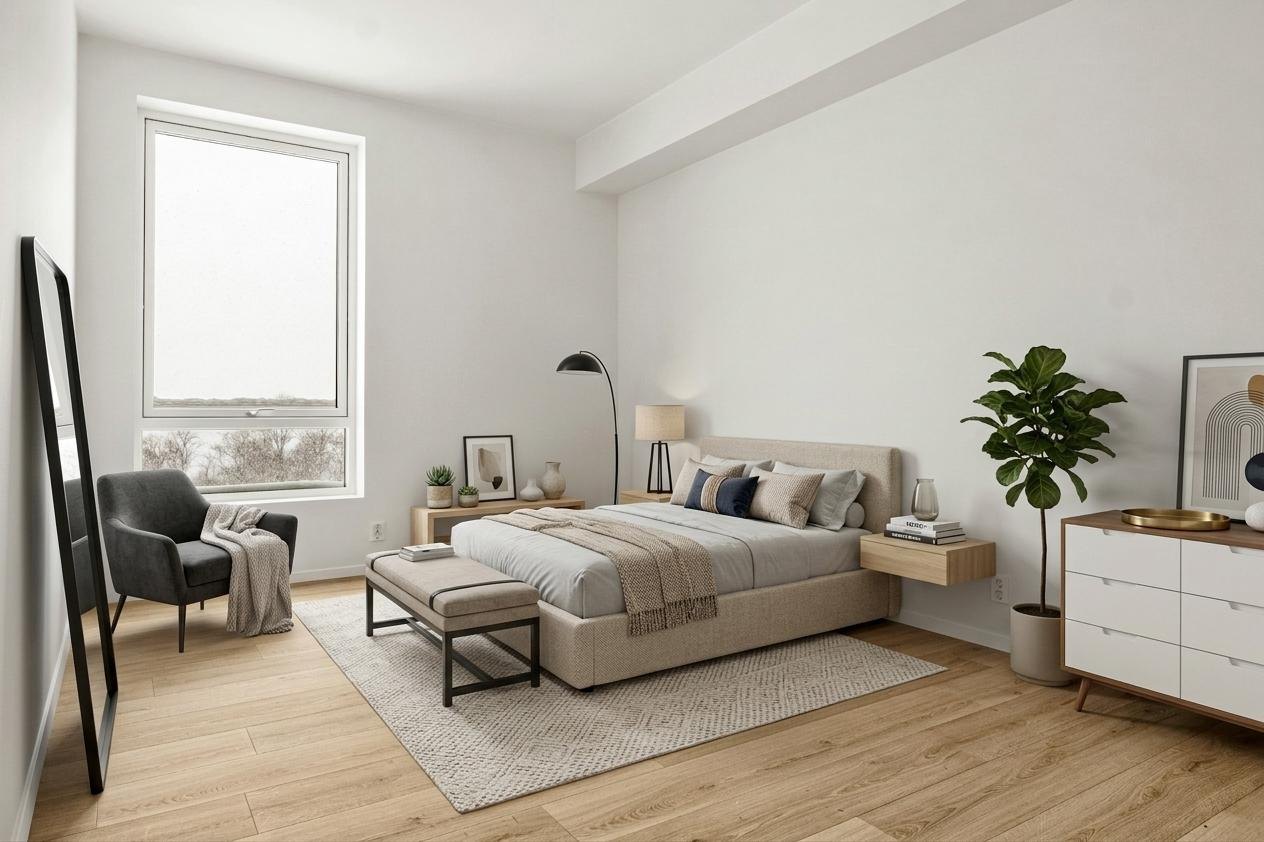 The same small bedroom staged with a bed, armchair and chest of drawers